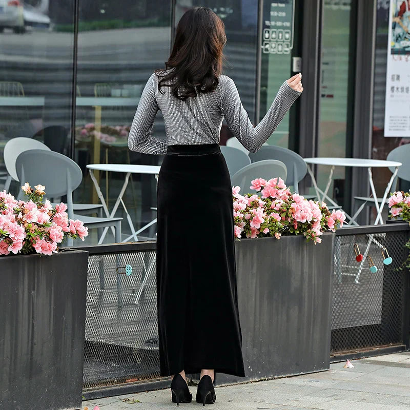 maoxiangshop  -  Women's Elastic Velvet Maxi Skirt, High Waist, Long, Maxi, Straight, Customer Made, Winter, New, XS-10XL