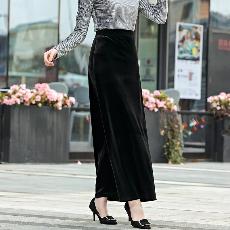 maoxiangshop  -  Women's Elastic Velvet Maxi Skirt, High Waist, Long, Maxi, Straight, Customer Made, Winter, New, XS-10XL