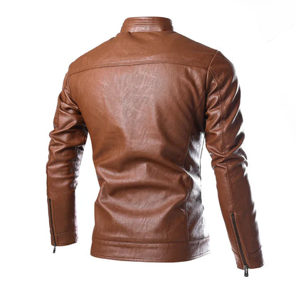 maoxiangshop New Fashion Men's Solid Color Leather Jacket , High-quality PU leather stand-collar slim jacket jacket  Brown, black