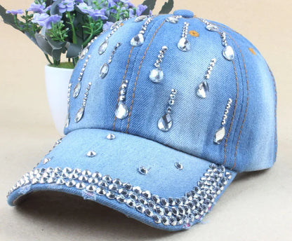 maoxiangshop New Denim Hip Hop Caps Fashion Leisure Woman Cap With Water Drop Rhinestones Vintage Jean Cotton Baseball Caps For Men Hot Sale