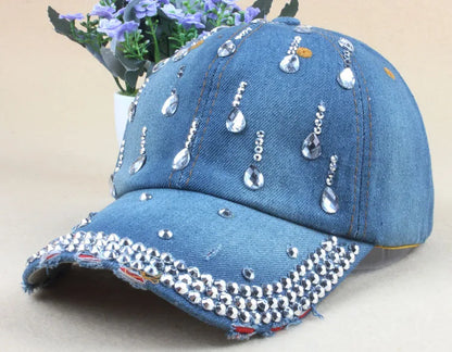 maoxiangshop New Denim Hip Hop Caps Fashion Leisure Woman Cap With Water Drop Rhinestones Vintage Jean Cotton Baseball Caps For Men Hot Sale