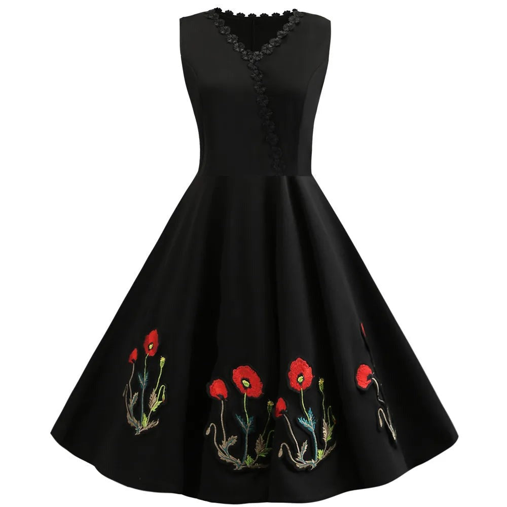 maoxiangshop M-4XL Women Retro Dress Vintage 50s 60s Rockabilly Swing Party Dress Female Elegant Embroidered Vestidos