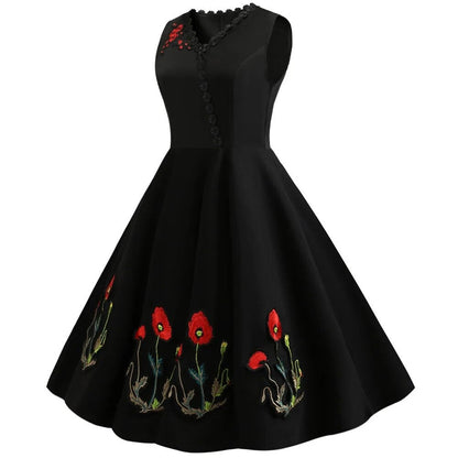 maoxiangshop M-4XL Women Retro Dress Vintage 50s 60s Rockabilly Swing Party Dress Female Elegant Embroidered Vestidos