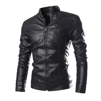 maoxiangshop New Fashion Men's Solid Color Leather Jacket , High-quality PU leather stand-collar slim jacket jacket  Brown, black