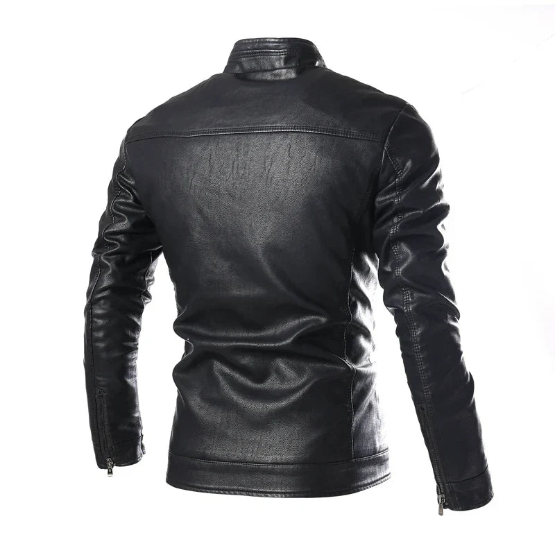 maoxiangshop New Fashion Men's Solid Color Leather Jacket , High-quality PU leather stand-collar slim jacket jacket  Brown, black