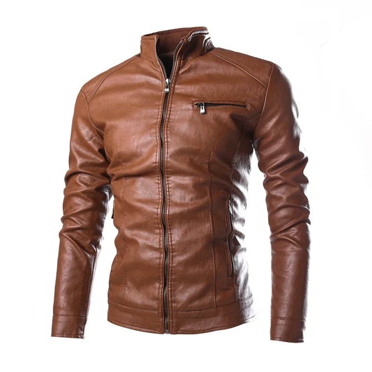 maoxiangshop New Fashion Men's Solid Color Leather Jacket , High-quality PU leather stand-collar slim jacket jacket  Brown, black