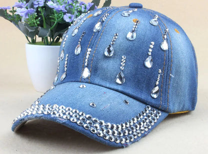 maoxiangshop New Denim Hip Hop Caps Fashion Leisure Woman Cap With Water Drop Rhinestones Vintage Jean Cotton Baseball Caps For Men Hot Sale