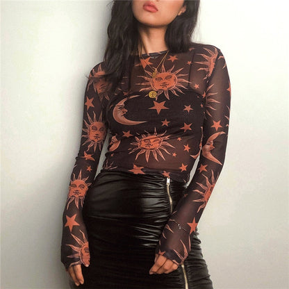 maoxiangshop Sun Moon Printed Transparent Mesh Sexy T-Shirt Women O-Neck Long Sleeve Slim Basic Casual Female Tops Spring New