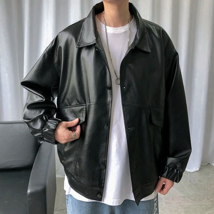 maoxiangshop Spring New Loose Soft Leather Jacket Single Breasted Jacket Men Casual Biker Jacket Men Jacket Leather Large Size XXL