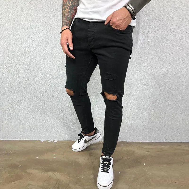 maoxiangshop Men Jeans Knee Hole Ripped Stretch Skinny Denim Pants Solid Color Black Blue Autumn Summer Hip-Hop Style Slim Fit Trousers S-4XL