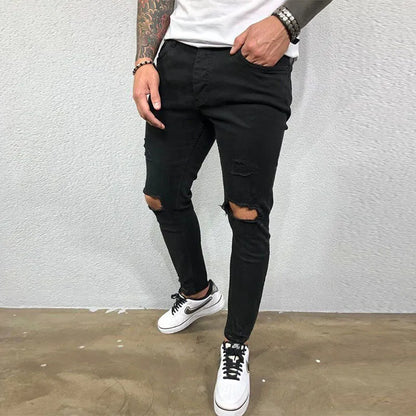 maoxiangshop Men Jeans Knee Hole Ripped Stretch Skinny Denim Pants Solid Color Black Blue Autumn Summer Hip-Hop Style Slim Fit Trousers S-4XL