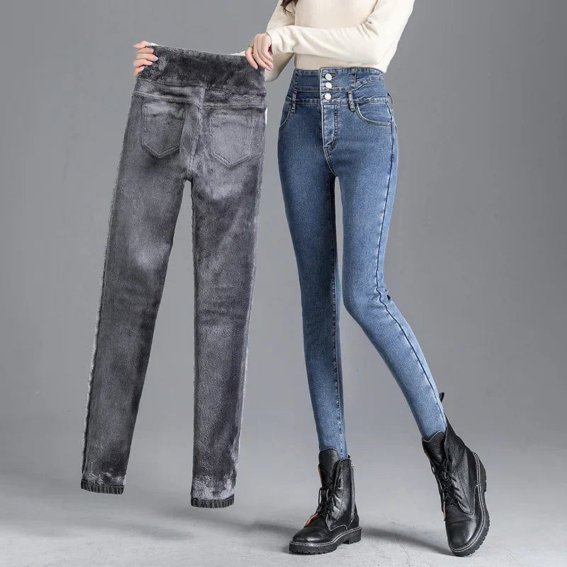 maoxiangshop Thermal Winter Thick Fleece High-waist Warm Skinny Jeans Thick Women Stretch Button Pencil Pants Mom Casual Velvet Jeans