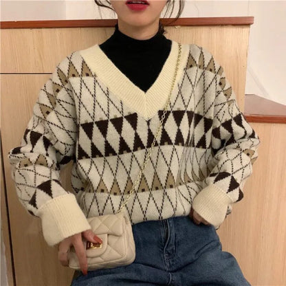 maoxiangshop Sweaters Women Vintage Argyle Korean All-match Chic V-Neck Ladies Pullovers Student Lazy Style Popular Winter Women Sweater New