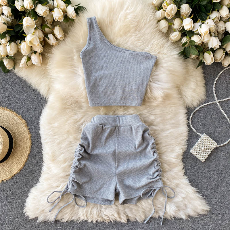 maoxiangshop Casual Women 2 Piece Set Solid Summer Fashion One Shoulder Sleeveless Crop Top and Drawstring Shorts Workout Tracksuits