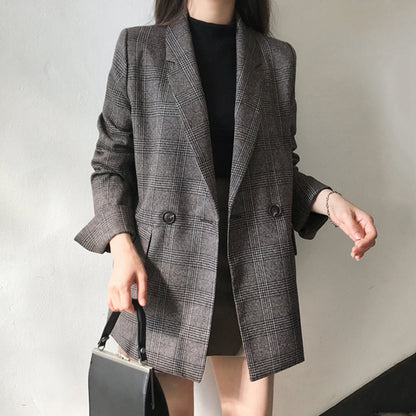 Y2K Elegant Autumn Winter Plaid Women Blazer Coat Causal Long Sleeve Tweed Coat Short Office Ladies Pocket Women Suit Blazer