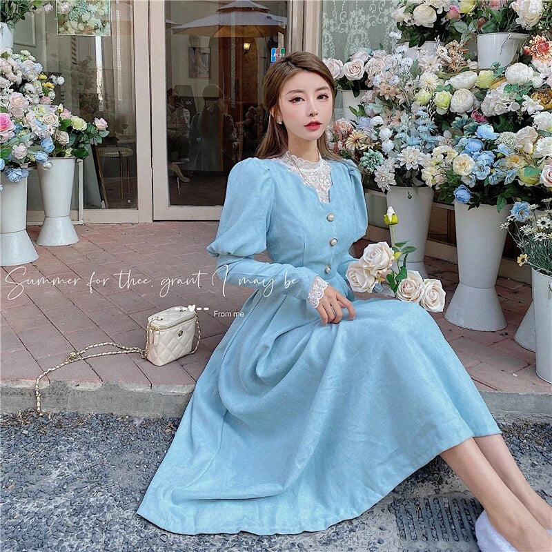 maoxiangshop Solid Elegant Dress Women Winter Patchwork Lace Party Midi Dress Female Casual French Style Sweet Kawaii Korean Dress Women