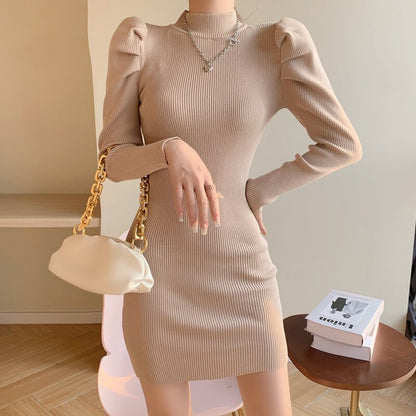 maoxiangshop Women Knitting Full Puff Sleeve Base Sweaters Dresses Girls Slim Turtleneck Mini Sheath Knitwear Dress Real Photos