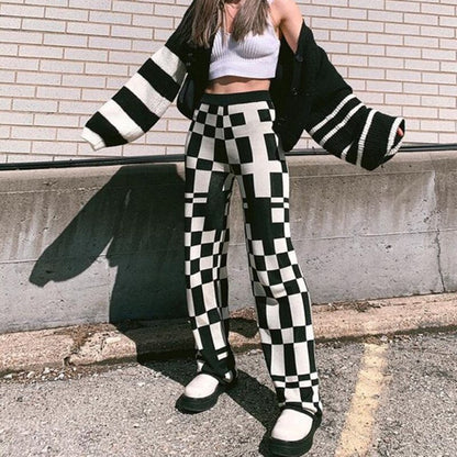 Knit Plaid Pants Vintage Summer White And Black Streetwear High Waist Wide Leg Women Fashion Casual Long Trousers