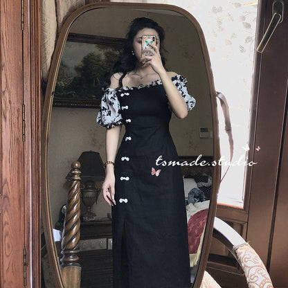 maoxiangshop Summer Patchwork Vintage Dress Women Button Designer Floral Print Korean Spilt Dress Ruffles Chiffon Casual Midi Dresses