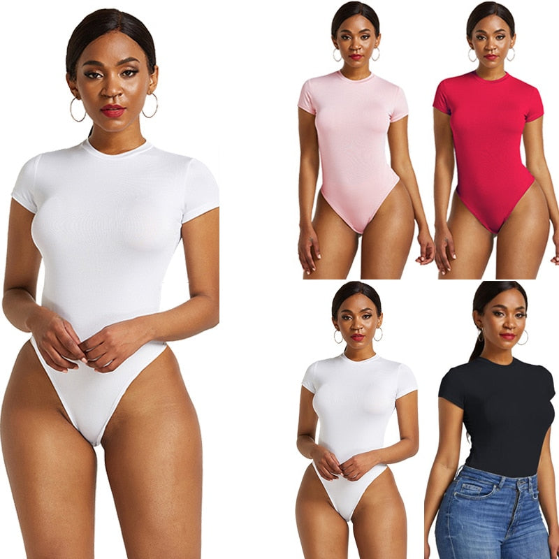 maoxiangshop Sexy One Piece Bodycon Bodysuit Short Sleeve O Neck Open Basic White Black Red Overalls Women Body Top Skinny Rompers Female