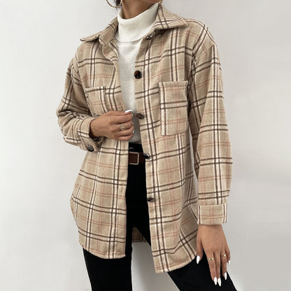 Autumn Spring Vintag Plaid Shirt Women Casual White Long Sleeve Pocket Collared Shirts Top Clothes Fashion New Fall