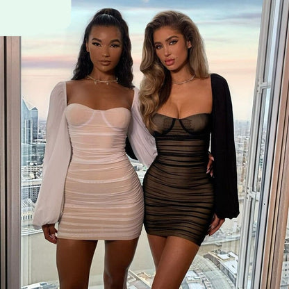 White Mesh Long Lantern Sleeve Winter Dress Women Mini Club Party Sexy Dress Strapless Backless Dresses Vestidos