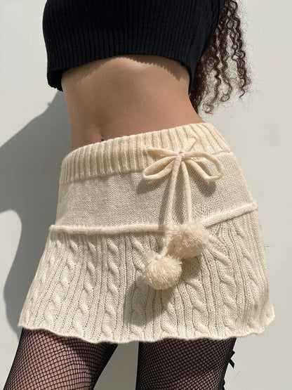 maoxiangshop Knitted Low Waist Y2K Short Skirt Preppy Style Cute Girl Streetwear Aesthetic Fairycore Drawstring Womens Skirts