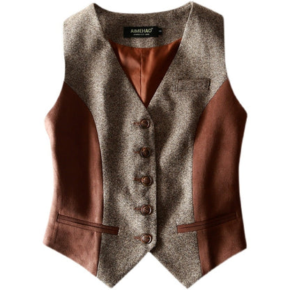 maoxiangshop Women Vintage Ves  Autumn and Spring Slim Woolen Suit Vest Classic Official stitching Waistcoat