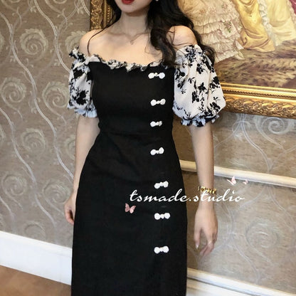 maoxiangshop Summer Patchwork Vintage Dress Women Button Designer Floral Print Korean Spilt Dress Ruffles Chiffon Casual Midi Dresses