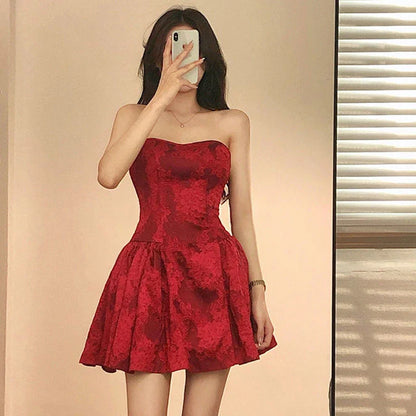 maoxiangshop Lady Elegant Slim Off Shoulder Backless Dresses Sexy Party Sleeveless Streetwear Red Women Strapless Mini Dress 2023 Summer