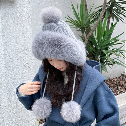 maoxiangshop  -  Winter Rabbit Fur Bomber Hat Knitted Warm Fleece Beanie Hat Outdoor Coldproof Pom Pom Bonnet Thicken Windproof Caps With Earmuff