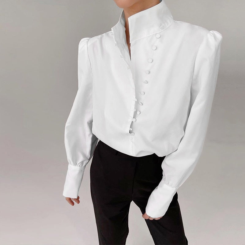 maoxiangshop Elegant Turtleneck Blouse Long Sleeve White Shirt Office Ladies Top Casual Solid Single-Breasted Puff Sleeve Womens Blouses