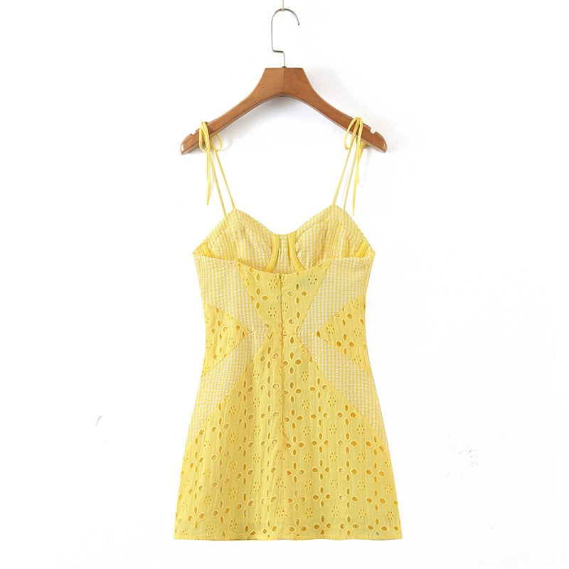 maoxiangshop Summer New Fashion Sexy Woman Slim Backless Hollow Embroidery Stitching Strap Mini Dress