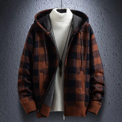 maoxiangshop Winter Thick Cardigan Men's Sweater Zipper Striped Hooded Fashion Warm Slim fit Knitted Sweater Male Fleece Hoodies Coats men