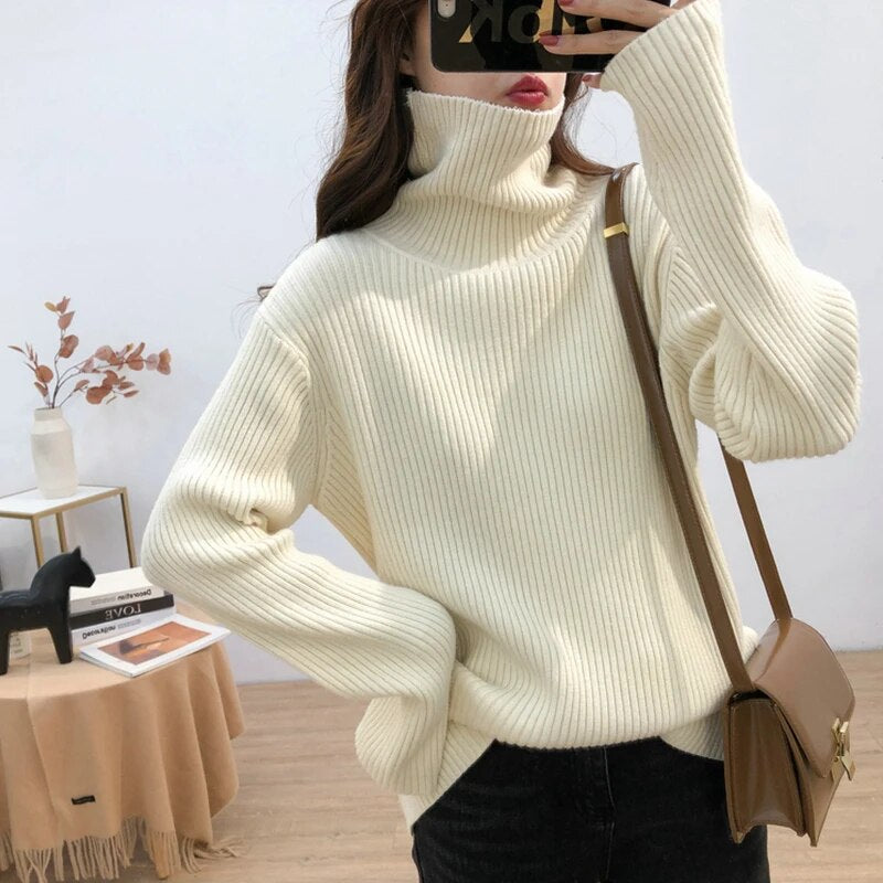 maoxiangshop Turtleneck Knitted Women Sweater Streetwear Long Sleeve Tops Pullover Black Korean Vintage Female High Neck Clothing Winter