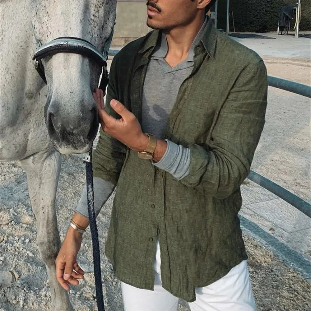 maoxiangshop Men Casual Cotton Linen ShirtsStanding Collar Male Solid Color Long Sleeves Loose Tops Spring Autumn Handsome Men's Shirts