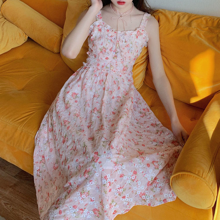 maoxiangshop Women Summer Print Floral Midi Dress Vintage Franch Style Female Strapless Party Dress Casual Holiday Lady Boho Vestido