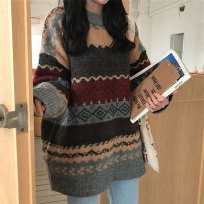 Winter Knitted Sweater Women Argyle Pullover Casual Loose Striped Sweater Vintage Chic Jumper Women Coat Long Sleeve Pull Femme