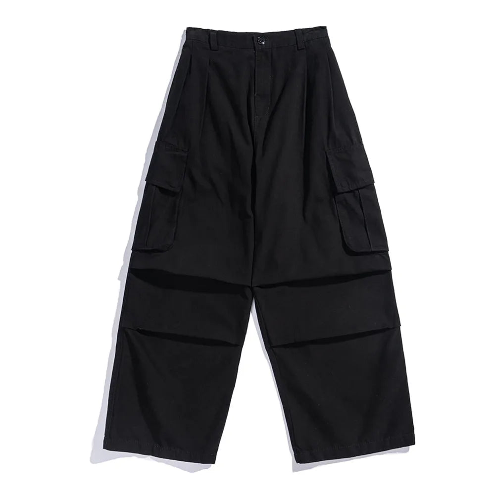 maoxiangshop Multi-Pocket Cargo Pants Mens Safari Style Solid Color Pleated Loose Straight-leg Pants Elastic Waist Casual Trousers Men