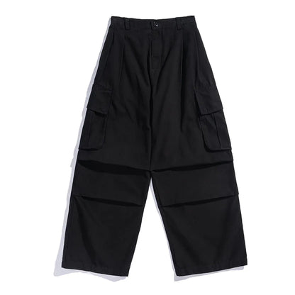 maoxiangshop Multi-Pocket Cargo Pants Mens Safari Style Solid Color Pleated Loose Straight-leg Pants Elastic Waist Casual Trousers Men