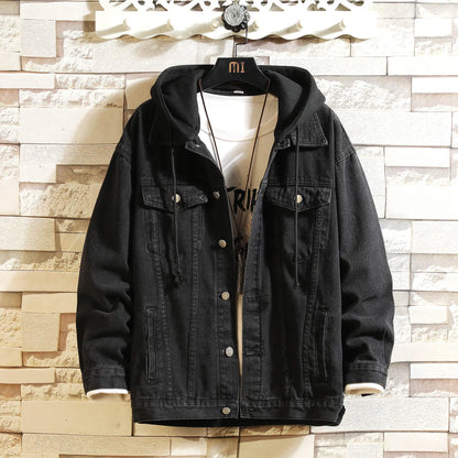 maoxiangshop Denim Jacket Men Hooded Casual Men Jean Jackets Streetwear Solid Color Turn Down Collar Denim Coats Men Jacktes Hat Detachable