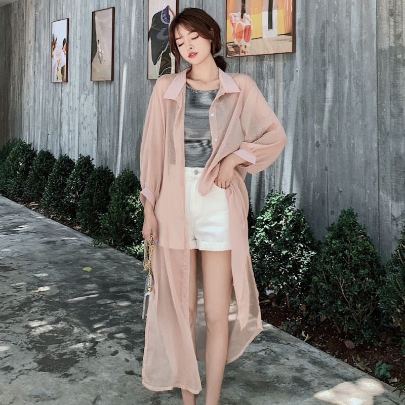 maoxiangshop Women Blouse Sun Protection Fashion Long Lantern Sleeve Outerwear Sheer All-match Thin Beach Street Comfort Korean Style Leisure