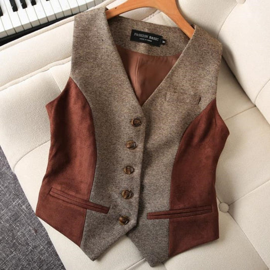 maoxiangshop Women Vintage Ves  Autumn and Spring Slim Woolen Suit Vest Classic Official stitching Waistcoat