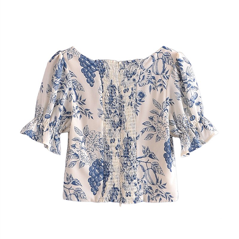 maoxiangshop French Vintage Square Collar Puff Sleeve Folds Lace-Up Shirt Zipper Female Floral Print Summer New Fashion Crop Tops Women