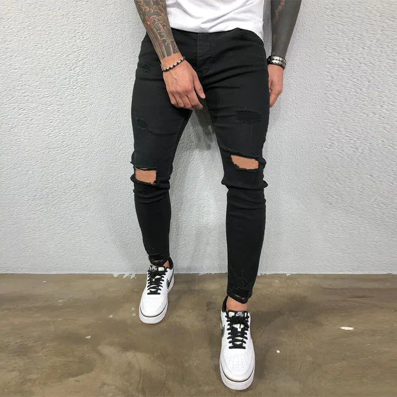 maoxiangshop Men Jeans Knee Hole Ripped Stretch Skinny Denim Pants Solid Color Black Blue Autumn Summer Hip-Hop Style Slim Fit Trousers S-4XL