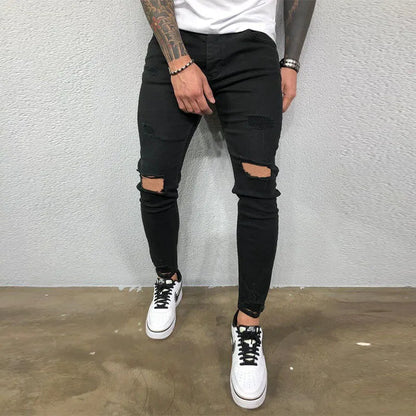 maoxiangshop Men Jeans Knee Hole Ripped Stretch Skinny Denim Pants Solid Color Black Blue Autumn Summer Hip-Hop Style Slim Fit Trousers S-4XL
