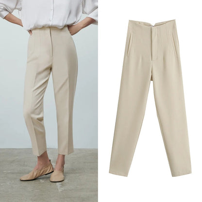 Women Trousers Suits High Waisted Pant Spring Fashion Office Lady Beige Elegant Casual Pants Pantalon Pour Femme