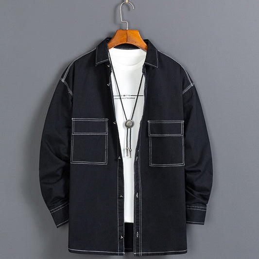 New Fashon Denim Mens Shirt Pure Cotton Long-sleeved Shirt Loose Two Pockets Youth Campus Outdoor Large Size Male Korean Clothes