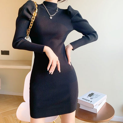 maoxiangshop Women Knitting Full Puff Sleeve Base Sweaters Dresses Girls Slim Turtleneck Mini Sheath Knitwear Dress Real Photos