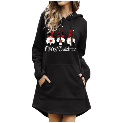 maoxiangshop Women Christmas Sweatshirts Casual Solid Color Printing Pullover Hooded Pocket Long Sleeve Dress Платье #8